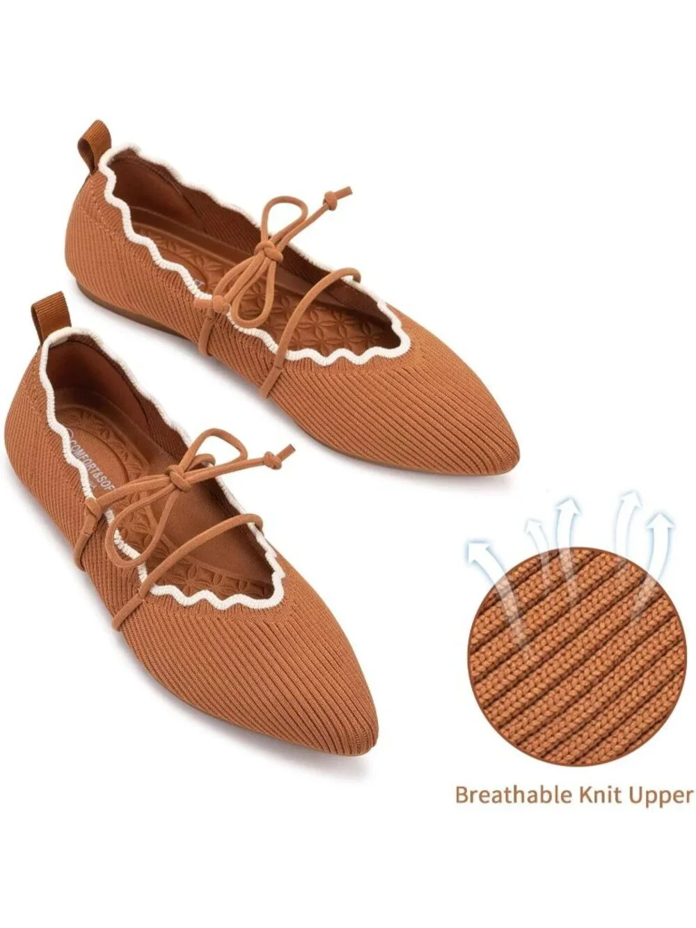 Women's Tan Rubber Knitted Slip On Pointed Toe with Ruffled Vamp Elastic Flats